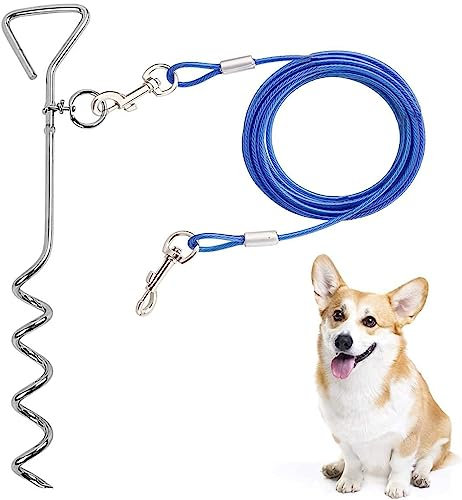Cable de amarre para perros y estaca para acampar al aire libre y patios, ideal para perros pequeños, medianos y grandes (3, azul)