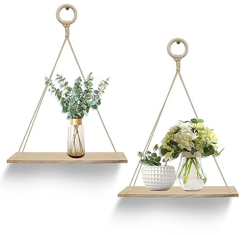 YiYa 2 pcs Étagères à Corde en Bois Étagère Flottante avec Corde étagère Suspendue à la Corde Décoration Murale avec Corde Suspendue pour la Cuisine, la Chambre, la Salle de Bain, Salon,Dortoir