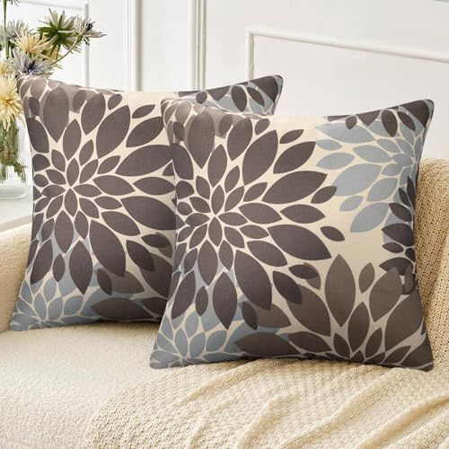 Velvhom Kissenbezug Weihnachten 45x45 Sofakissen Dekokissen Leinen Dahlie Braun und Grau Kissebezüge Herbst Deko Kissen Kissenhülle Zierkissenbezüge fur Sofa Schlafzimmer Couch 2er Set