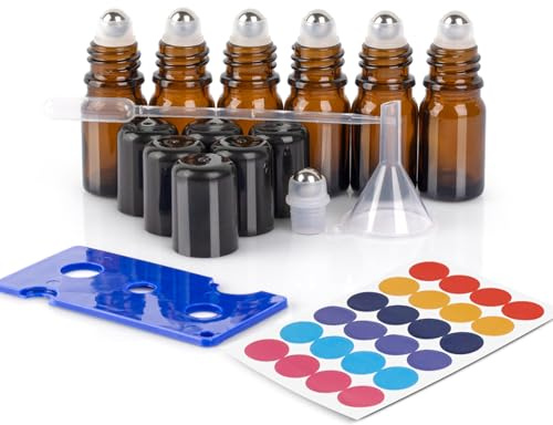 ComSaf 5 ml glasflaskor med rulle, uppsättning med 6 tomma anti-UV-glasflaskor med rullboll i rostfritt stål, tratt, öppnare, etiketter, pipetter, för blandningar,