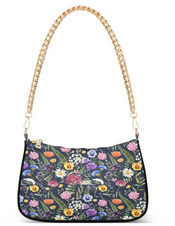 Mnsruu Umhängetasche mit Kette für Damen, Flieder, Gänseblümchen, Stiefmütterchen, Sommer, Blumen, Hobo-Handtasche, Unterarm, Damen, kleine Umhängetasche, Reißverschluss, A994, 18 x 28 x 7 cm