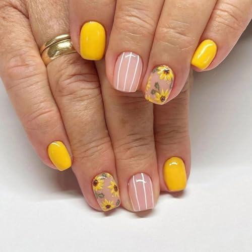 24pcs Short Square False Nails Sunflower Design Press on Nails Yellow & White Stripe Stick on Nail Removable Glue on Full Cover Fake Nail Art Accessories for Women