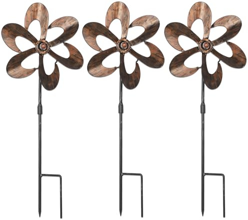Aoutrow 3 Pack Wind Spinners with Metal Stake, 16.3 Inches Outdoor Wind Catcher Garden Sculptures Bronze Metal Windmill for Spring Garden Yard Lawn Patio Decoration