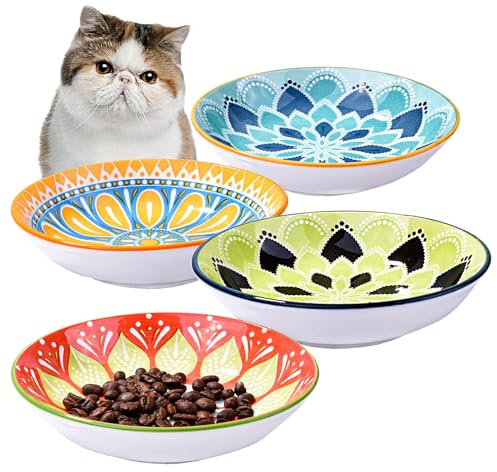BOSILI Keramik Katzenfutter Teller 4er Set Porzellan Katzenfutter Schale für Nassfutter Breite Schüssel zur Linderung von Schnurrhaare Müdigkeit Flache Schüssel für Kätzchen und Kleintiere