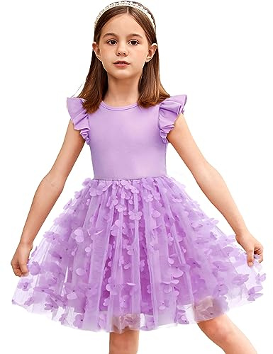 Arshiner Robe de Princesse en Tulle et Coton - Tutu à Manches Volantes pour Filles, Robe de Fête et Soirée pour Mariage d'anniversaire 2-7 Ans