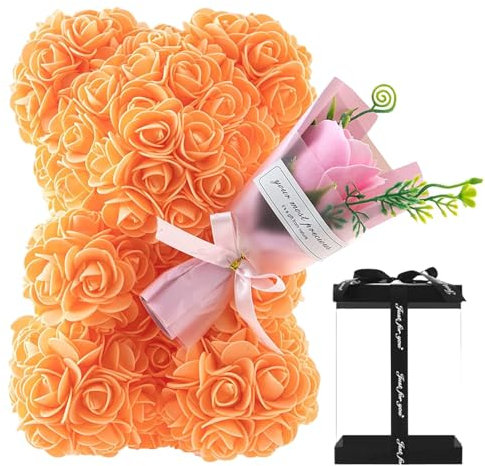 Rosen-Tedy-Bär | Rosenblumenbär | 24 cm künstliche Blume Rose mit transparenter Box | Muttertagsgeschenk | handgefertigtes, romantisches dekoratives Valentinstagsgeschenk für Sie