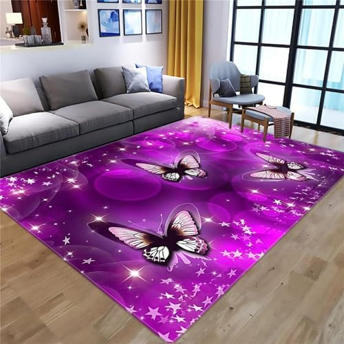 Sterne Und Schmetterlinge In Lila Teppich Kinderteppich Wohnzimmerteppich Schlafzimmerteppich 3D-Gedruckter Superweicher Flanellteppich -Polyester-Soft-Touch, 200 X 300 Cm - Weich ， Schmutzabw -5P3N0P