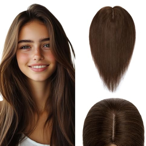 Elailite Hair Topper Echthaar #4 Mittelbraun 35cm Clip in Toupet Damen Extensions Haarteil Haartopper Basis 10x12cm