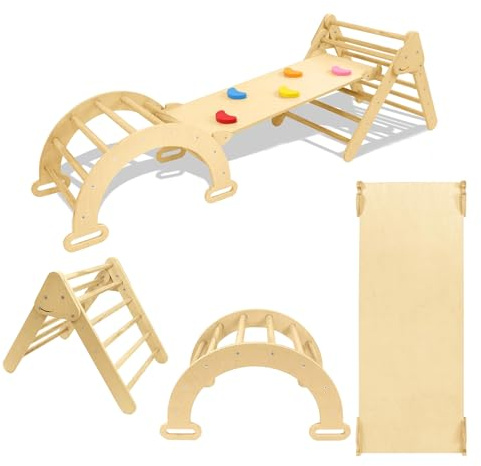 Froadp Estructura de Escalada Interior 3 en 1 con tobogán y Arco de Escalada, triángulo de Escalada de Madera Natural, Plegable, Juguete Educativo para niños a Partir de 1 año