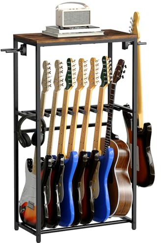 MAHANCRIS Soporte de Guitarra, Estantería para 7 Guitarras de Dos Niveles, para Guitarra Acústica, Guitarra Eléctrica, Bajo, Ukelele, Banjo, Revestimiento Protector de EVA, Marrón AGSHR6701