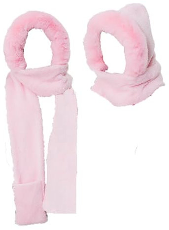 TMTGTS 3-in-1 Set Damen Winter Kapuzenschal Handschuhen Warmer Kunstpelz Halswärmer Taschen Outdoor Wind Kälte Touchscreen Schal Geschenk Accessoires Hut Mit Pelzigen Mädchen Ohrenschutz(Rosa)