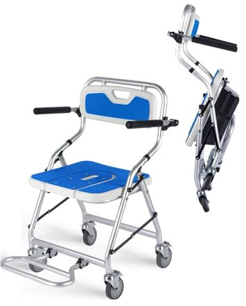 SULQING Klappbarer Duschstuhl mit Rollen, klappbarer Badestuhl mit Armlehnen und Rückenlehne, 4-in-1-Toiletten-Duschrollstuhl, wasserdichter mobiler Toilettenstuhl