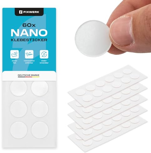 FIXWERK Nano Klebesticker | doppelseitige Klebepunkte | extra starke Nano Aufkleber | runde Klebepads | wiederverwendbar | wasserfest | transparent (2cm Durchmesser | 1mm Dicke)