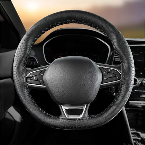 100% Qualität Auto Lenkradbezug zum Schnüren Nähen 37-39 cm Lenkradhülle Lenkradschoner Leder Perforiert Schwarz (Mit Schwarzes Faden)