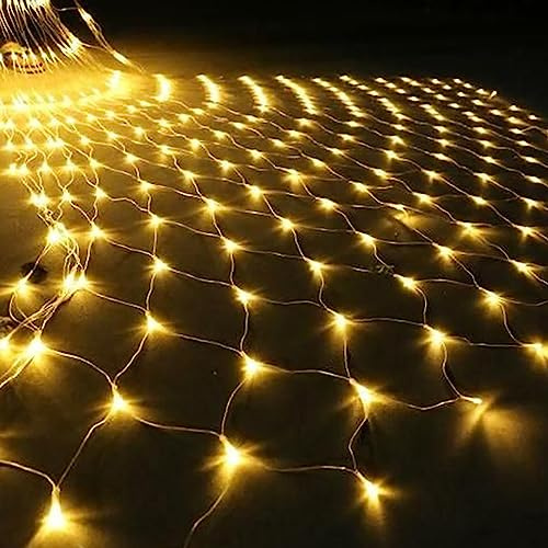 DINOWIN Lichternetz Außen Batteriebetrieben 1.5x1.5M 96LED Garden Net Lichter 8 Modi Dekoration Beleuchtung Wasserdicht Netz Lichtervorhang für Halloween Weihnachten Hochzeit Party (Warmweiß)