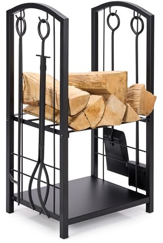 Garronda Kaminholzregal mit 4-teiligem Kaminwerkzeug-Set, Kaminholzständer, 2 Ablagen, Holzregal aus Metall Brennholzregal inkl. Schaufel, Besen, Zange, Schürhaken GD-0102 (73x40x30 cm, Schwarz)