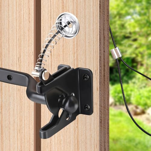 LEONTOOL Self-Locking Gate Latch with Spring Cable Pull for Wooden Fence Gate, Heavy Duty Post Mount Automatic Gravity Door Latch Hardware for Secure Pool, Outdoor Garden, Metal Gates Vinyl Fences