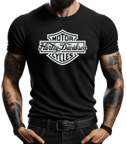 4people Camiseta Negra Harley con Logotipo Clásico - Estilo Casual para Motociclistas y Amantes de Las Motos (FR/ES, Letras, XL, Regular, Regular, Negro)