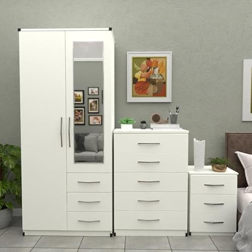 Ready 3-Piece Bedroom Furniture Set, White, 2-Door Mirrored Wardrobe with Drawers, 5-Drawer Chest, 3-Drawer Bedside Table