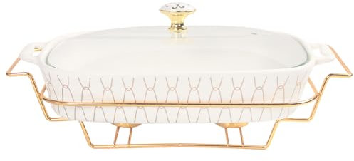 jinsongdafa Cacerola rectangular de porcelana con tapa de cristal y rejilla, sopera de 900 ml para servir, plato chafing, cacerola para guardar alimentos, catering