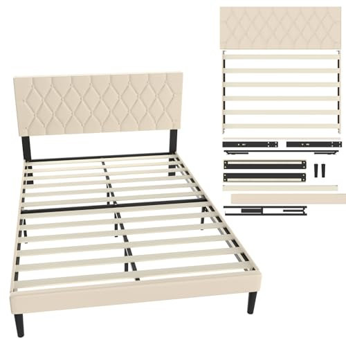 UISEBRT Polsterbett 140 x 200 cm – Bettrahmen mit Knöpfen, Plattformbettgestell mit gepolstertem Kopfteil aus Kunstleder, Holzlattenstütze, Doppelbett für Erwachsene, Modernes Design (Beige)