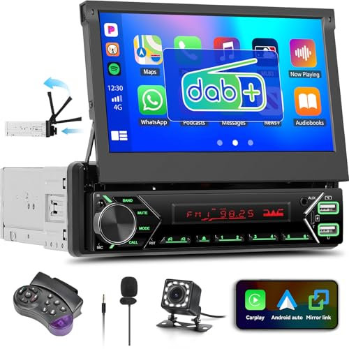 Single Din DAB/DAB+ Car Stereo with Wireless CarPlay Android Auto, Zomolither 7 Inch Motorized Flip Out Touch Screen Bluetooth FM Car Radio Type-C Charge/USB/AUX Mirror Link SWC + Camera Mic