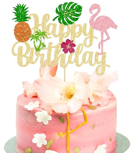 DIELOVEHUA Hawaii Kuchen Topper, Hawaii Cupcake Topper, Glitter Flamingo Blume Plam Leave Ananas Kuchendekoration, Happy Birthday Tortendeko, für Tropisch Hawaii Strand Sommer Party Dekoration