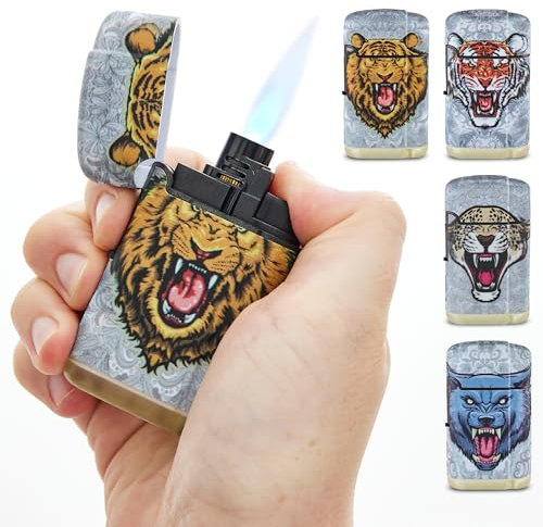 TOM Sturmfeuerzeug – Elektronik Feuerzeug mit Jet Flamme – 4 Stück im Set – Elektronisches Gasfeuerzeug mit Gas befüllt und nachfüllbar – 4 besondere Motive – Electric Lighter – Windfeste Jetflame