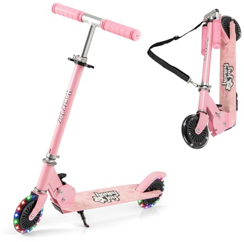 COSTWAY Skoter för barn, hopfällbar barnskoter med LED-hjul, styre, stativ och bärrem, justerbar höjd, sparkcykel, stadsskoter, sparkcykel för pojkar och flickor från 3 år (rosa)