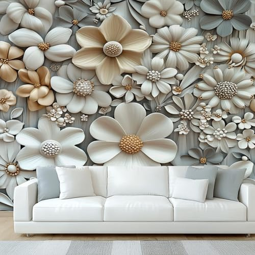 NOGAWA Papier Peint Motif Floral, 3D Panoramique Papier Peint xxl Fleurs 3d Relief, Papier Mural Decoratif Pour Salon, Chambre, Tapisserie Murales, Décoration Murale 350x256cm