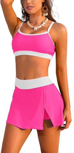 SHEKINI Dambaddräkter bikiniset med magkontroll push up baddräkt med delad simkjol, färgblock, tvådelad kjol, badmode, bikiniöverdel, Fluorescerande rosa, M