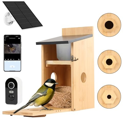 Vogelhaus mit Kamera, 5MP HD Nistkasten für Draußen mit Solarpanel Wetterfest, 2,4G WiFi und Nachtsichtmodul, Smarter Vogelbeobachtung für Wildvögel mit App-Benachrichtigung und Bewegungserkennung