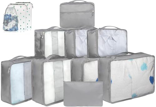 12 Large/Medium/Small Packing Cubes – Luggage Organiser in Various Sizes – Mesh Travel Packing Cube Set in Assorted Colours (12 Grey Mixed Sizes)