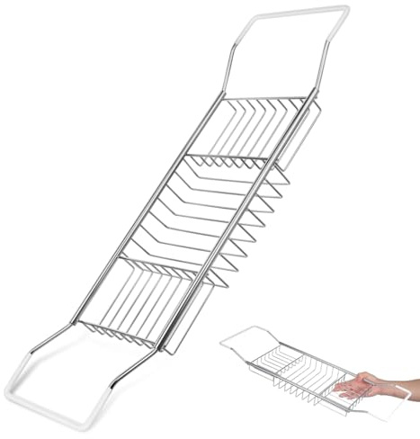 ULTECHNOVO 1 Pack Stainless Steel Bathtub Tray Extendable Bath Rack Chrome | Adjustable Over Tub Caddy Shelf Metal Anti Slip Storage Holder Organizer Bridge for Bathroom Shower Tidy Silver Wire