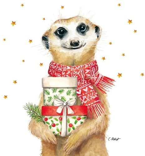 PPD 20 Servietten Weihnachten Erdmännchen mit Weihnachtsgeschenke als Tischdeko. Papierservietten mit Motiv. Auch für Decoupage und Serviettentechnik 33x33cm