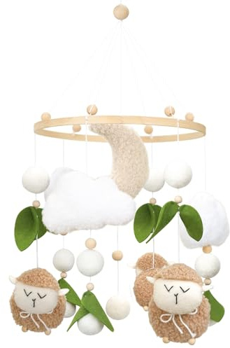 Mobile Baby Bettglocke mit 3 Schafe, Sterne, Wolken, Mond Bezaubernde Babyzimmer Dekoration zur Schlaf und Sinnesförderung(Grün Schafe)