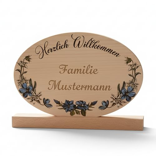 Holz Aufsteller aus Ahorn – personalisierbar mit Wunschgravur | Antik Design Dekoartikel | „Herzlich Willkommen“ | Geschenkidee für Zuhause, Hotel & Wirtshaus | 19,5 x 13,5 cm