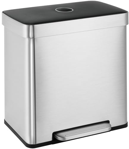 Clevich 60L Double Kitchen Bin, Stainless Steel Dual Compartment Trash Can, 2x30L Kitchen Recycling Bins w/Wide Pedal, Removable Inner Buckets w/Soft-Close Lid, Airtight Design for Home Office(Silver) | 2x30L Kitchen Recycling Bins w/Wide Pedal, Removable Inner Buckets w/Soft-Close Lid, Airtight Design for Home Office (Silver)