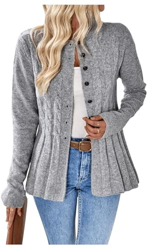 GORGLITTER Women's Cable Knit Long Sleeve Button Down Cardigans Crewneck Chunky Knit Trendy Fall Jumper Jackets Cozy Cardigans Grey M