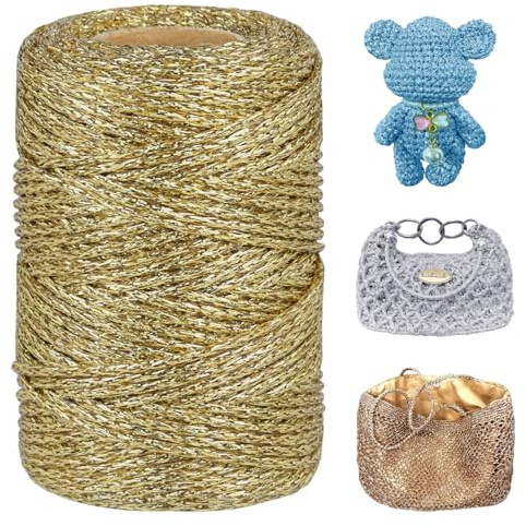 LEREATI Metallic Häkelgarn 3mm x 100m Makramee Garn zum Häkeln & Stricken Glitzergarn Polyester Garn für Handtaschen Hut Korb Häkeln, DIY Bastelarbeiten (Golden)