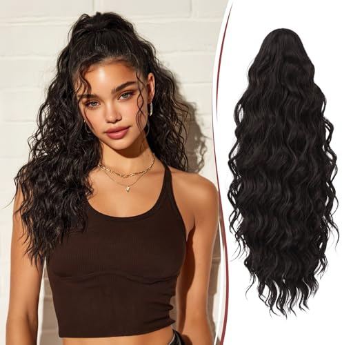RUWISS Ponytail Cheveux Naturel Afro avec Pince - Extension Queue de Cheval Afro Ondulée pour Femme 50cm Claw Clip Postiches Cheveux Naturel Bouclés Synthétiques, Brun Foncé