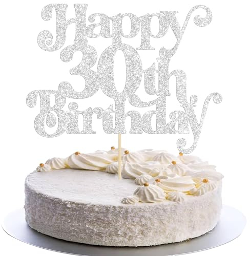 Gyufise 1Pc Happy 30th Birthday Cake Topper Glitter Happy Birthday Cake Pick Cheers to 30 Years for 30th Anniversary Wedding Party Cupcake Decorations Supplies Silver