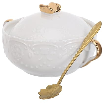 HIAKDOFT Bol en Céramique à Double Anse avec Couvercle Bol à Dessert et Fruit 300 Ml pour Maison et Repas Design Relief Lot 1 Pièce
