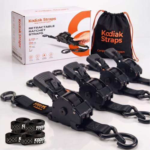 KODIAK STRAPS Automatik Spanngurte 25mm 3m mit S Haken | 800KG Selbstaufrollend Spanngurte mit Ratsche | Zurrgurte mit Ratsche für LKW Anhänger, Motorrad, Fahrrad | Schwarz - 4 Stück