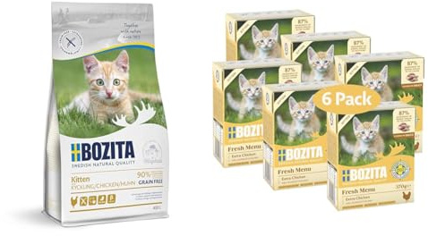 Bozita Kitten Getreidefrei Probierset mit 400g Trockenfutter + 6x370g Nassfutter im Tetra für Kitten & säugende Muttertiere unterstützt Wachstum & Gesundheit - Trockenfutter & Häppchen in Sauce