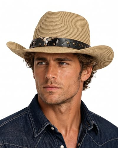 Zylioo Cappello da cowboy in paglia con sottogola fisso, taglia XXL, XL, L, cappello da sole in stile occidentale, cappello da cowgirl estivo per spiaggia ed escursionismo