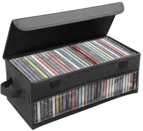 Dntorx CD Storage Box, CD Case Holder with Handles, 14.17×6.3×5.51in Lid and Clear Window Stackable CD Organizer Box Holds Up to 32 CDs in full jewel cases(Black)