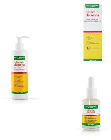 Bundle Vitamindermina Linea Sebo – Gel Detergente 240 ml + Crema Trattante 40 ml + Siero Peeling 30 ml – Per Pelli Grasse, Impure e a Tendenza Acneica – Azione Sebonormalizzante
