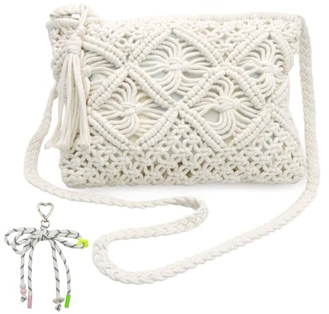 KASURE Straw Crossbody Bag for Women, Holiday Woven Bag for Summer Beach Travel, Boho Bags with Tassel Zipper, with Bow Keychain