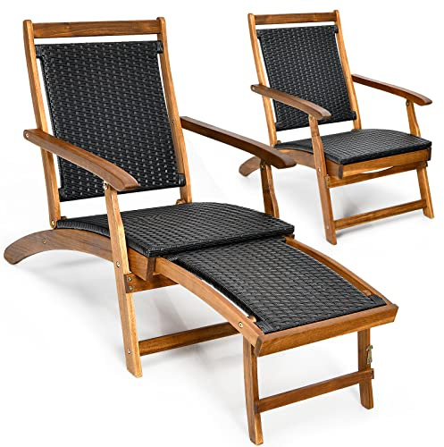 COSTWAY Sonnenliege klappbar, Gartenliege mit ausziehbarer Fußteil, wetterfester Liegestuhl aus Polyrattan und Akazienholz, Relaxliege bis 160 kg belastbar, für Balkon, Garten, Terrasse